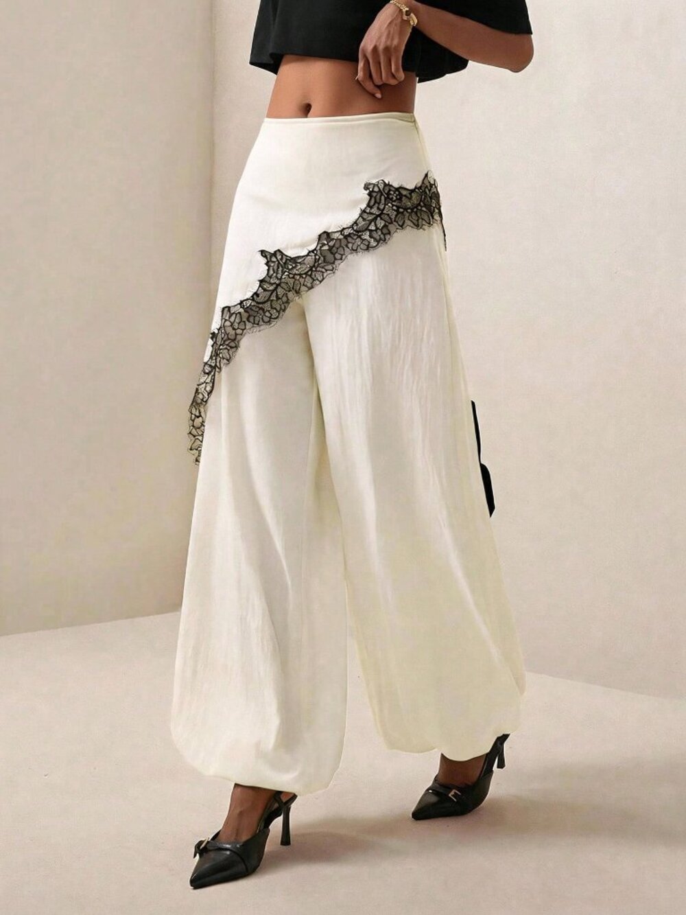 Apricot Casual Women's Contrast Lace Loose Wide Leg Pants